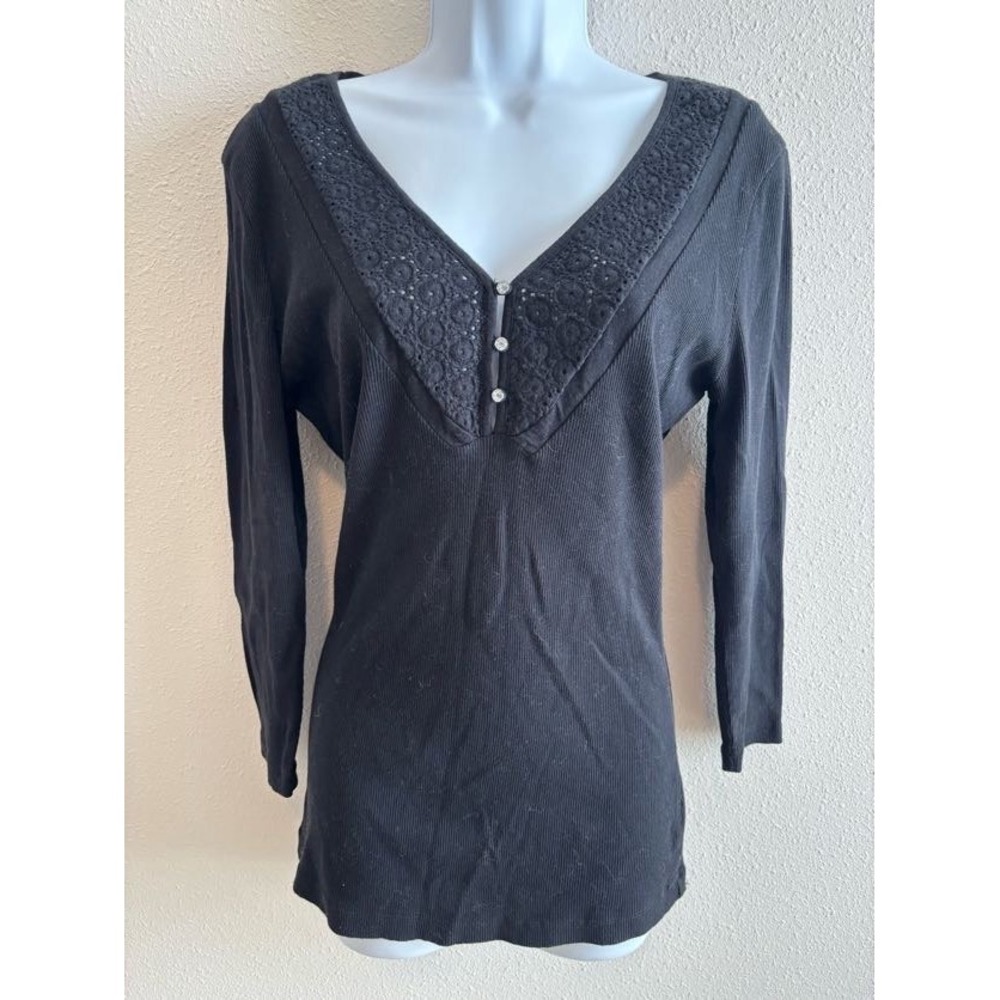 Charlotte Tarantola Ribbed Knit Top Women XL Black Eyelet Lace V-Neck 3/4 Sleeve